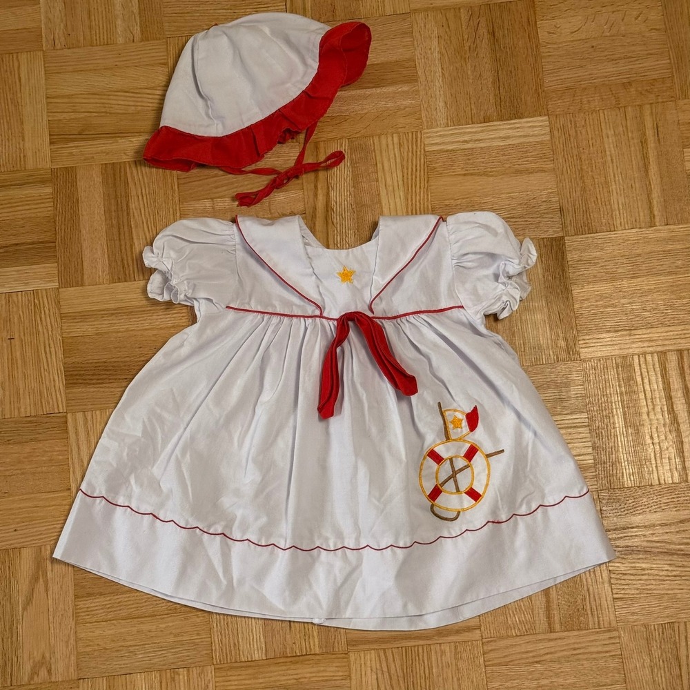 Winning Colours Vintage Baby Sailor Dress and Bonnet Set White Red Nautical 24
